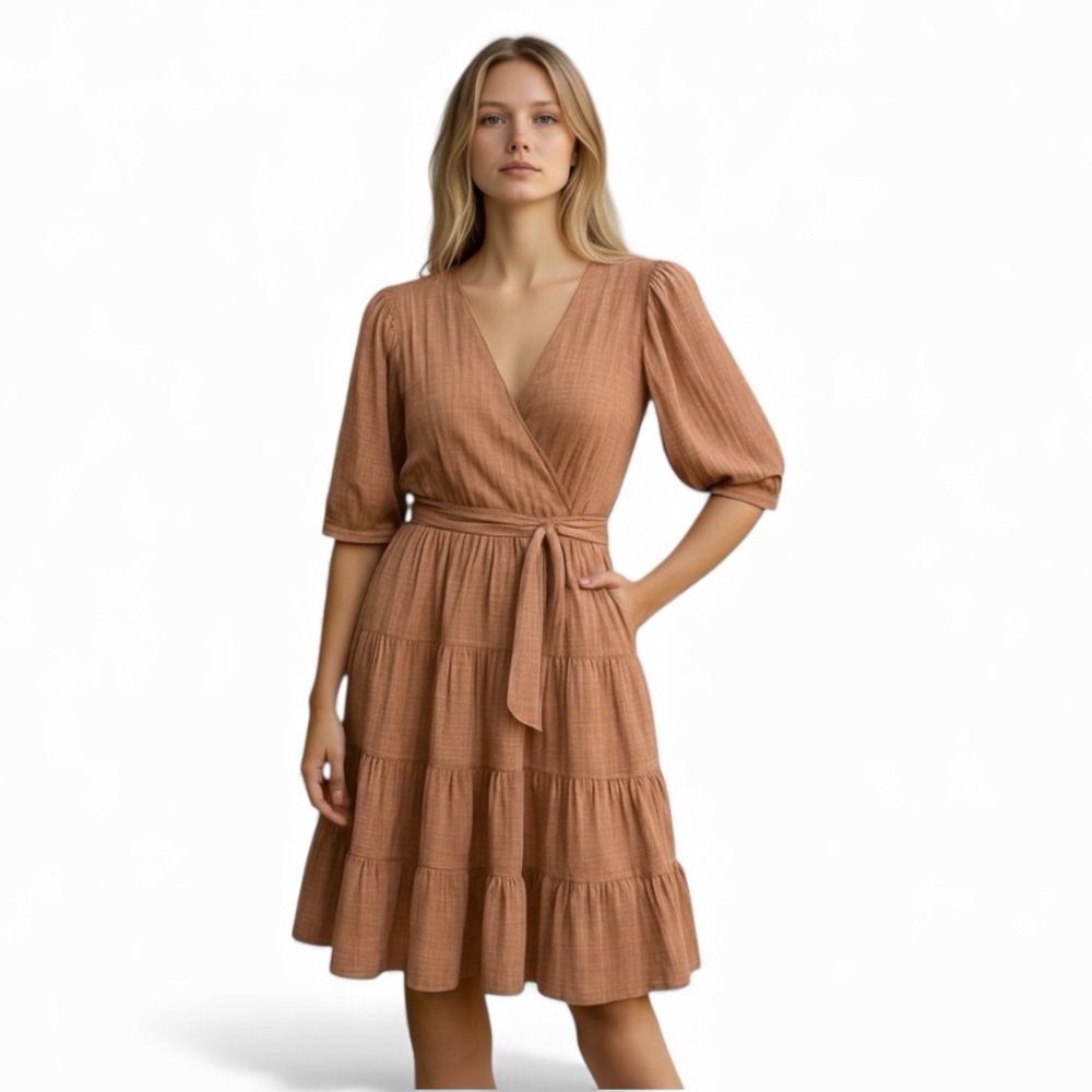 Monteau Los Angeles Belted V-Neck Dress